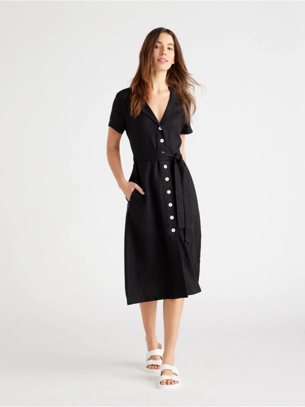 Quince Linen Black Button-Front Tie-Waist Midi Dress